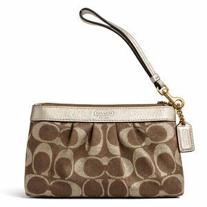 Coach Signature C Wristlet Brown Canvas Silver Leather Y2K Gold Metallic Hangtag